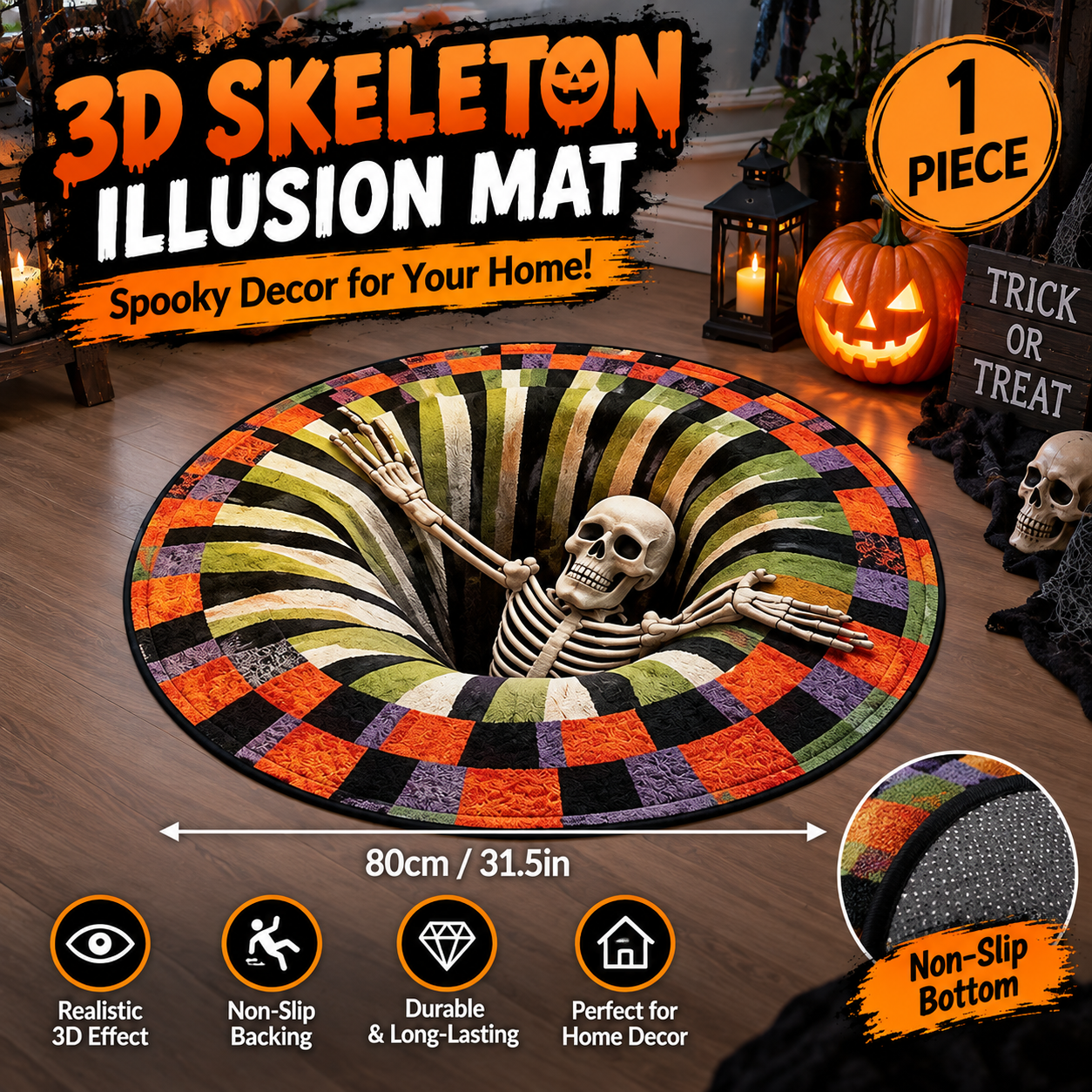 3D Skelett Bottenlös Illusion Matta, Rund, 80x80 cm