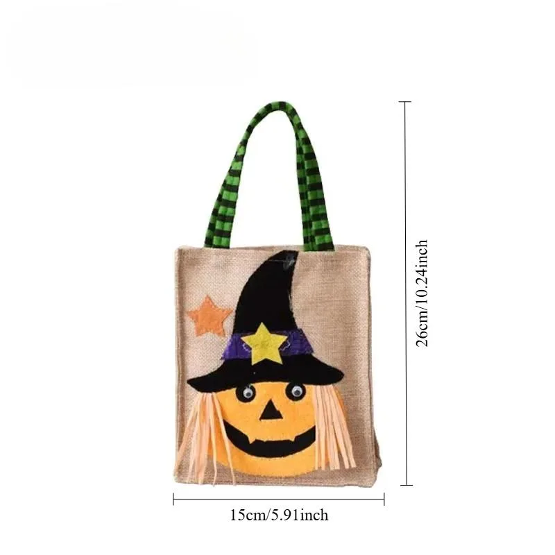 Halloween Godisväska i Linne – Pumpa, Häxa, Svart Katt, Dödskalle