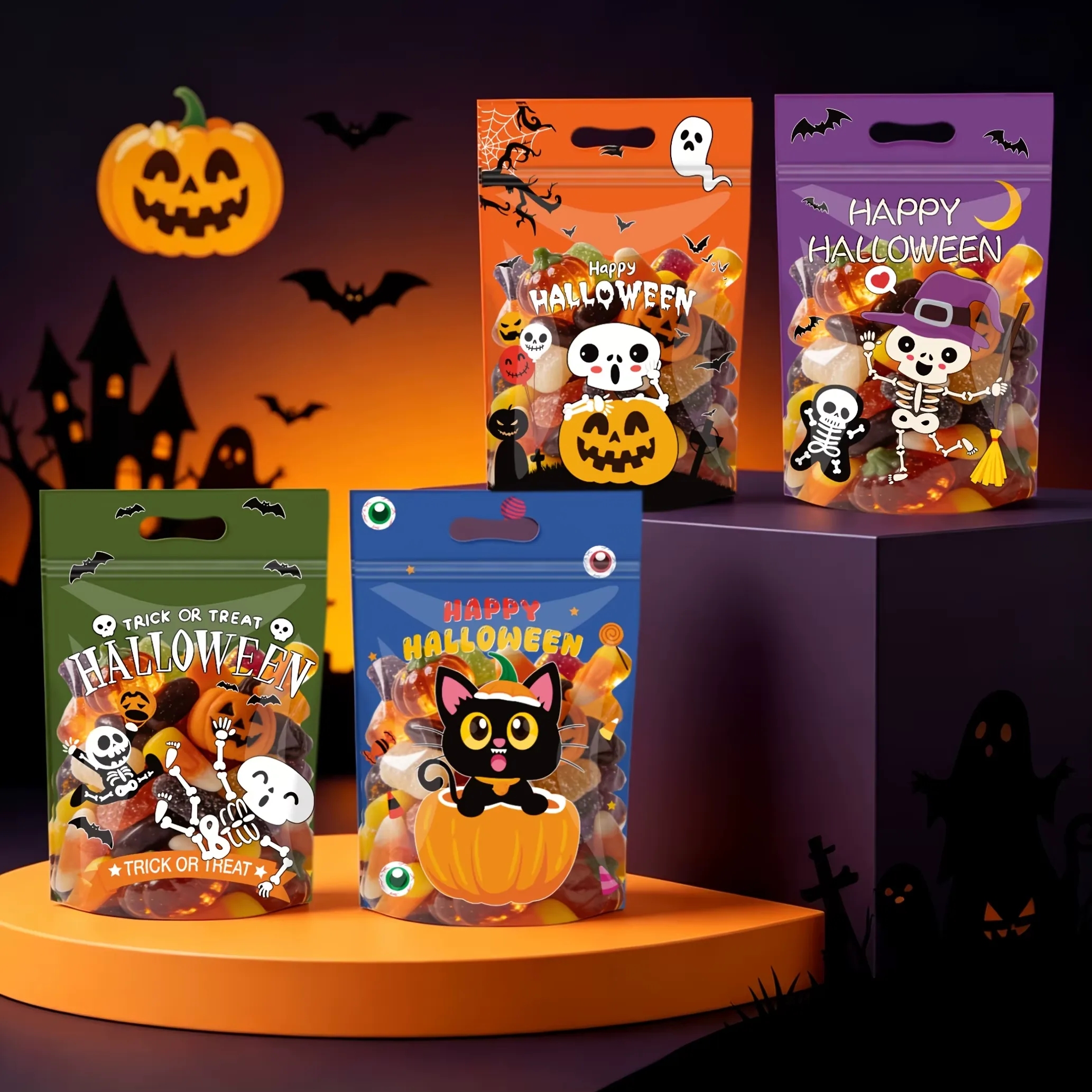 50-pack Halloween ståpåsar med dragkedja för godis