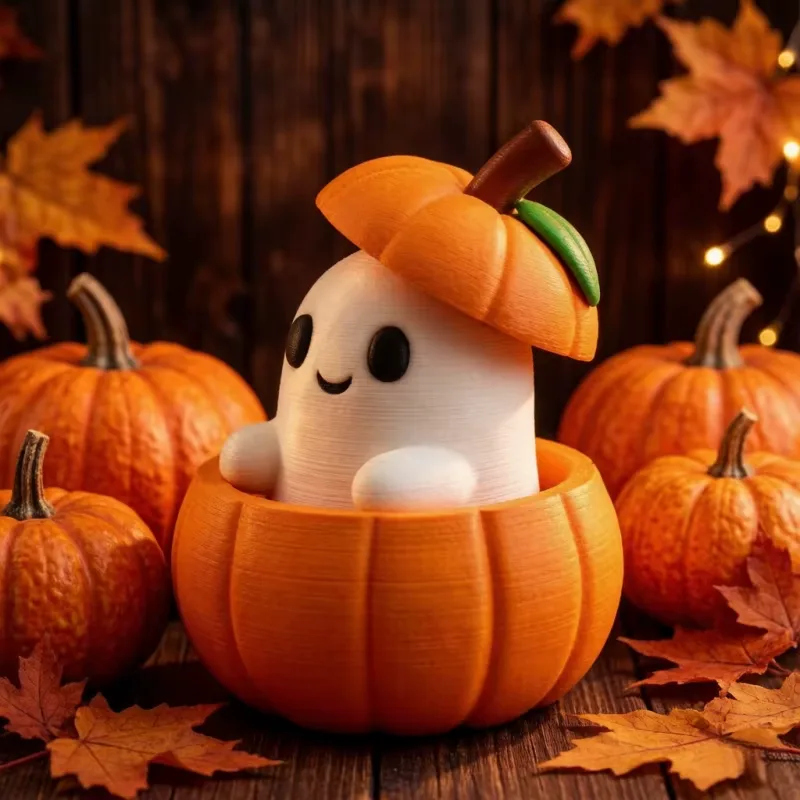 3D-printad Halloweenpumpa Tomtedekor – Set med Pumpabas, Spöke och Hatt