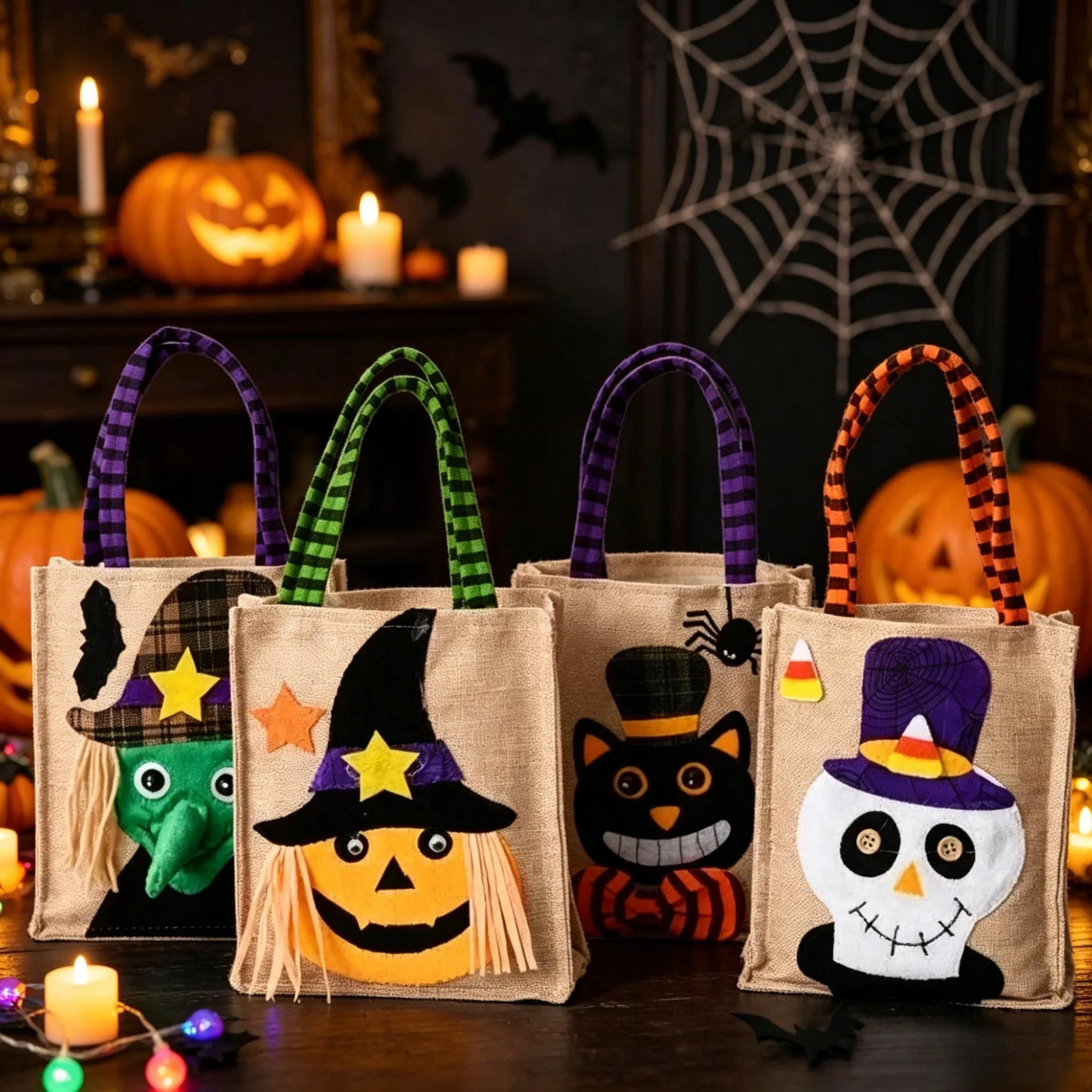 Halloween Godisväska i Linne – Pumpa, Häxa, Svart Katt, Dödskalle