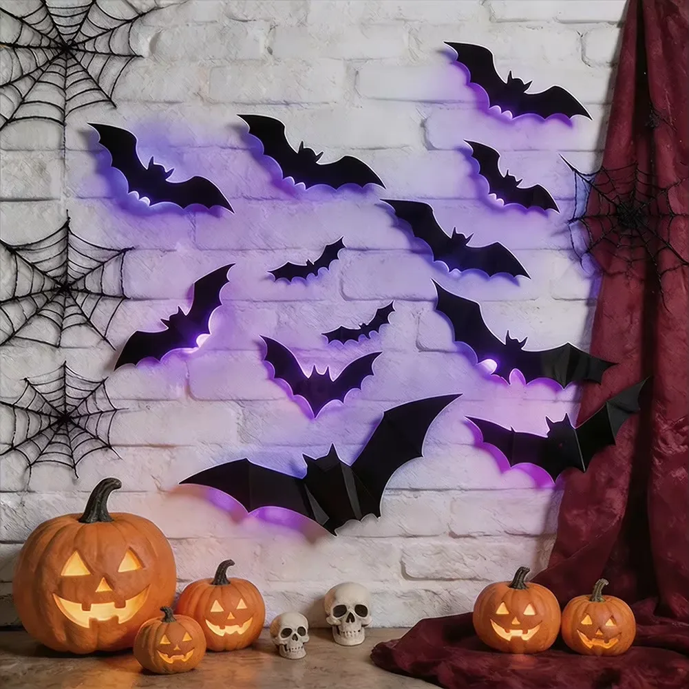 Halloween 3D LED-väggdekorationer: Fladdermöss & Spindlar