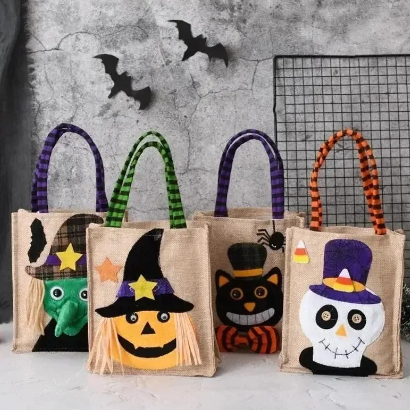 Halloween Godisväska i Linne – Pumpa, Häxa, Svart Katt, Dödskalle