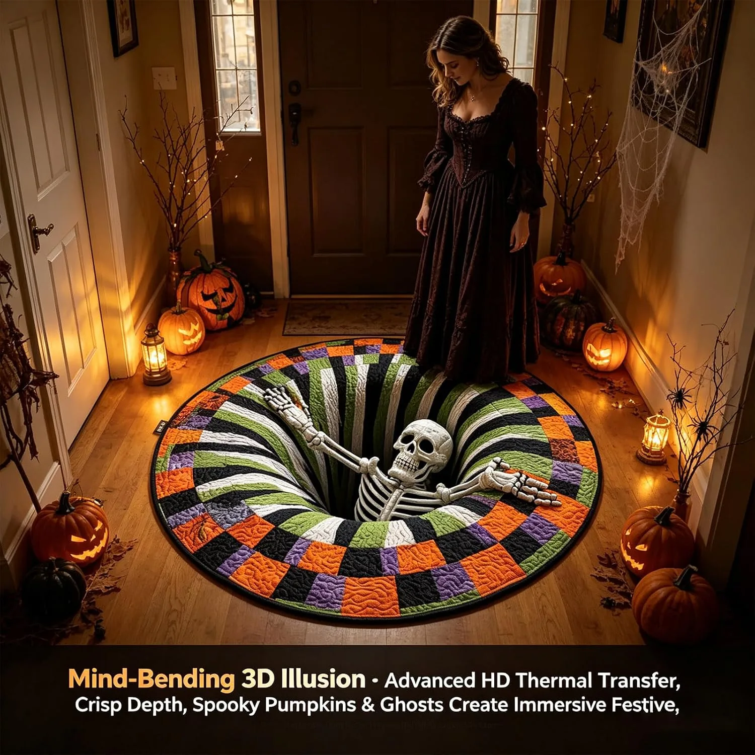 3D Skelett Bottenlös Illusion Matta, Rund, 80x80 cm