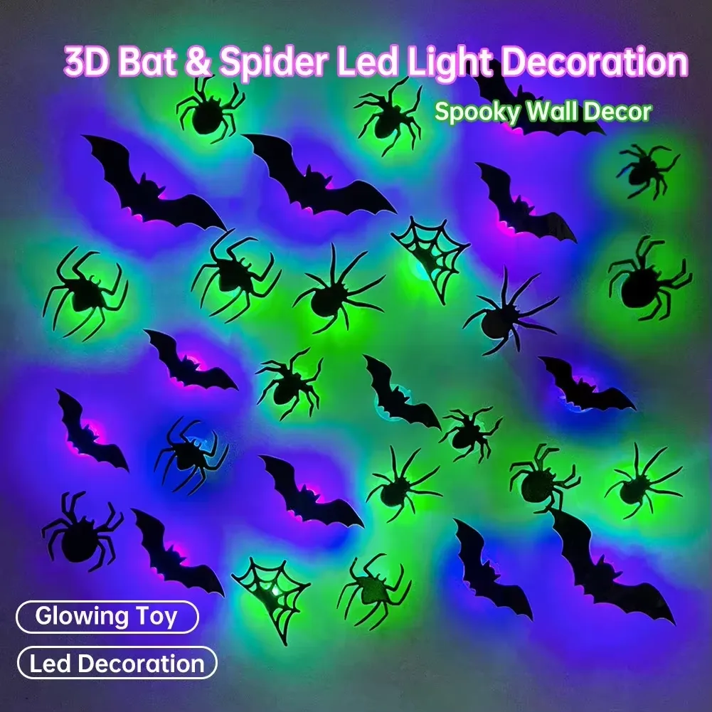 Halloween 3D LED-väggdekorationer: Fladdermöss & Spindlar