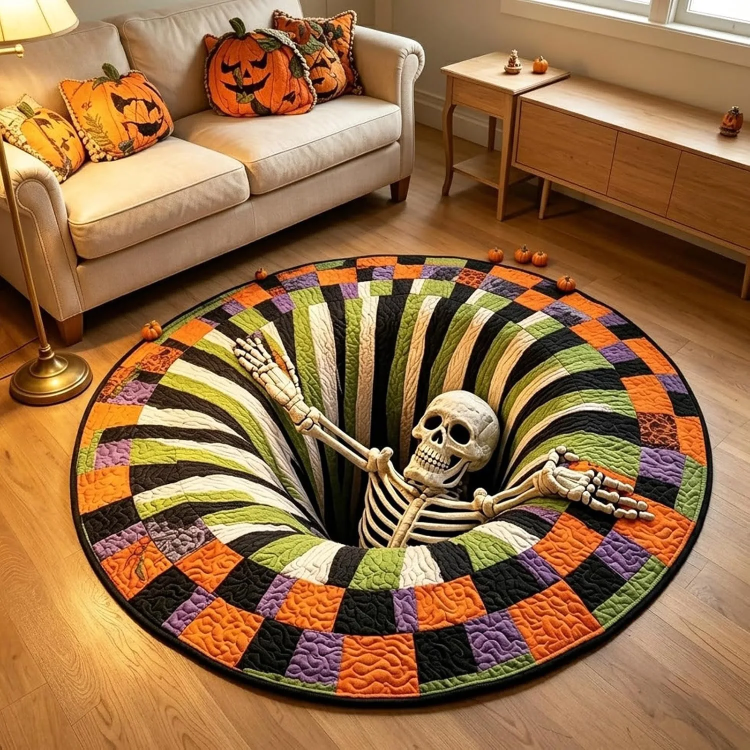 3D Skelett Bottenlös Illusion Matta, Rund, 80x80 cm