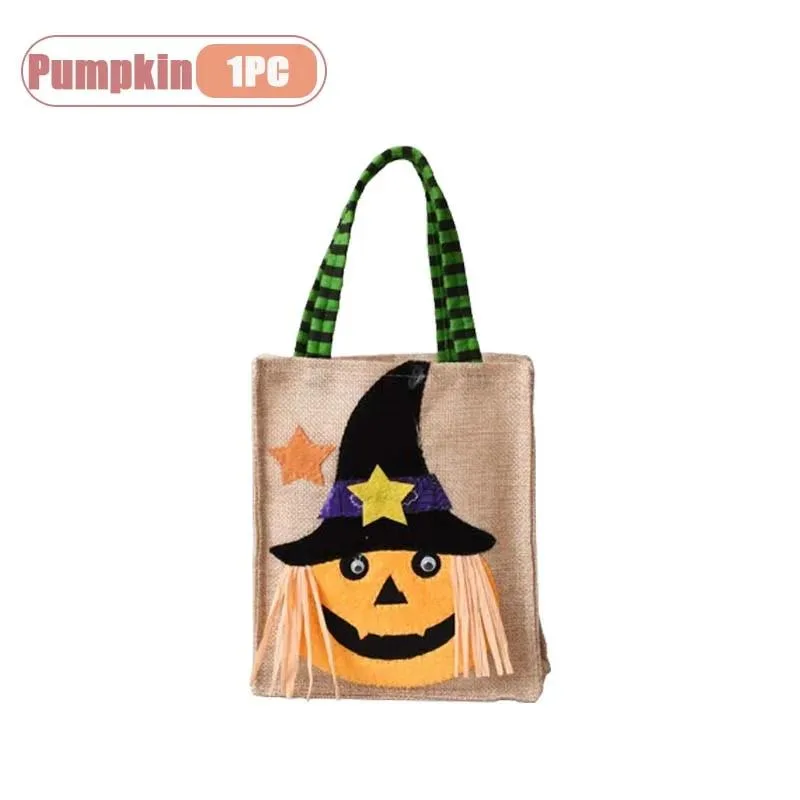 Halloween Godisväska i Linne – Pumpa, Häxa, Svart Katt, Dödskalle