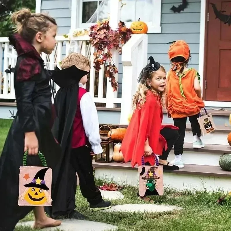 Halloween Godisväska i Linne – Pumpa, Häxa, Svart Katt, Dödskalle