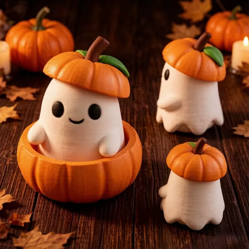 3D-printad Halloweenpumpa Tomtedekor – Set med Pumpabas, Spöke och Hatt