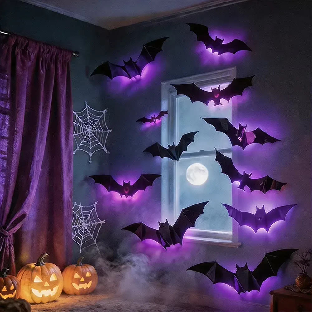 Halloween 3D LED-väggdekorationer: Fladdermöss & Spindlar
