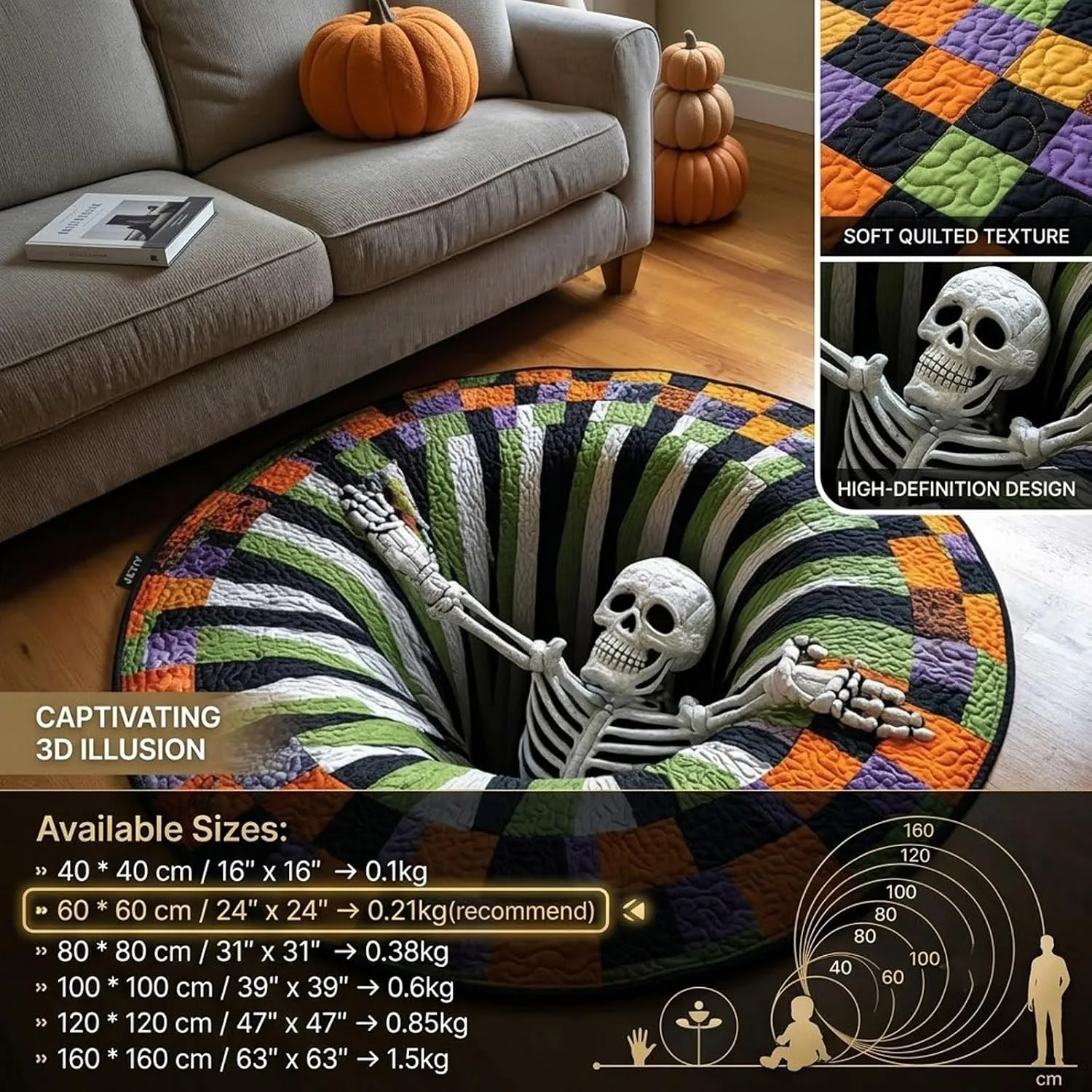 3D Skelett Bottenlös Illusion Matta, Rund, 80x80 cm