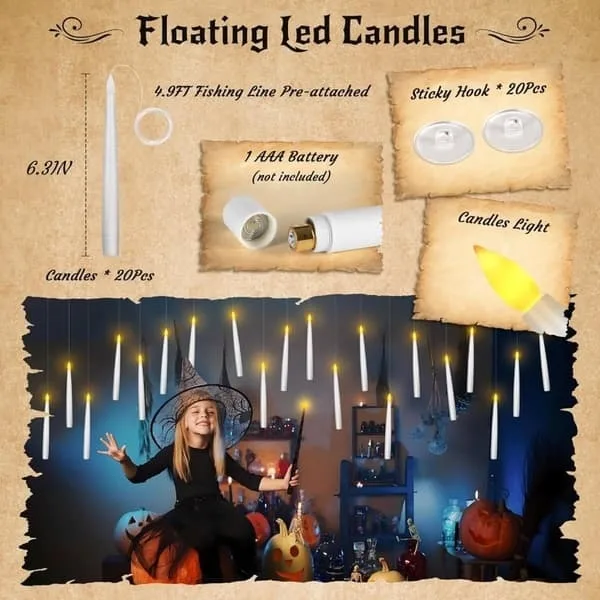 20-pack svävande LED-ljus med trollstav – magiska ljus för Halloween, jul och festliga dekorationer